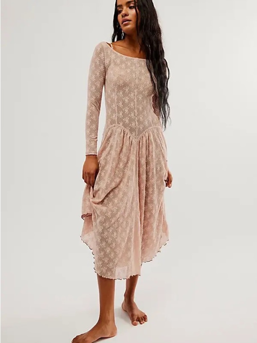 NWT Free People Dial for Drama Lace Long-Sleeve Blush Midi Dress
